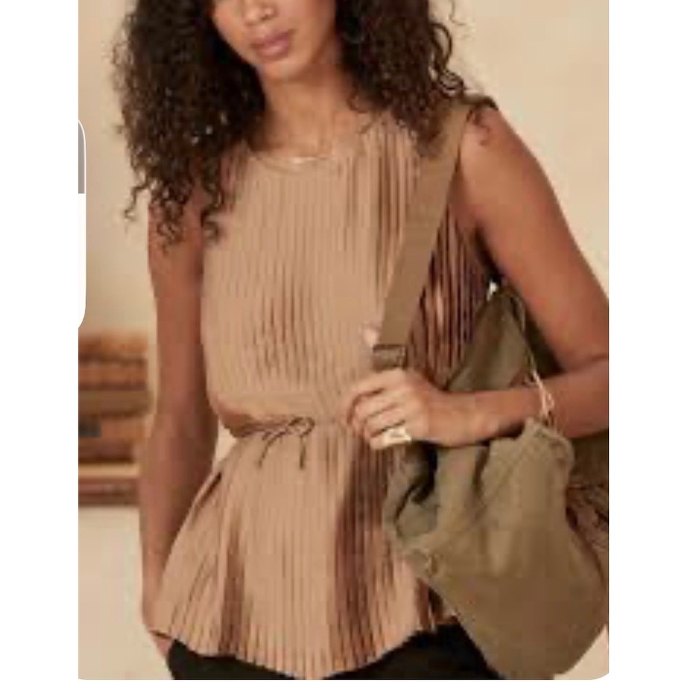 Banana Republic Top Women Tan XS Pleated Tie‎ Waist Sleeveless Peplum Polished